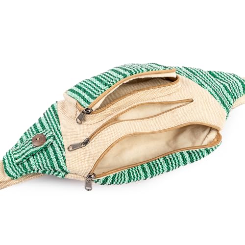 Freakmandu Eco-Friendly Boho Hippie Style Hemp Fanny Pack White Hip Waist Bag for Hiking Running Jogging - color: Green Stripe