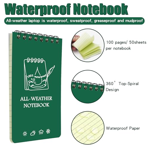 Waterproof Pocket Notebooks with Pens, 3x5 Mini Notepad All Weather Top-Spiral Memo Police Notebook Steno Note Pads for Outdoor Office School (3, Green) - color: Green