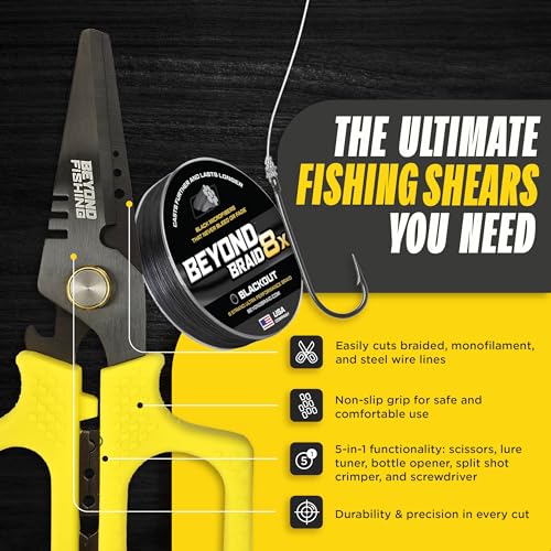 Beyond Fishing 6.5" Pro Fishing Shears Dual Serrated Blades, Fishing Braided Line Scissors with Titanium Coating, Non-Slip Grip & Multifunction Tool, Includes Hard Molded Locking Sheath - color: Pro - Yellow