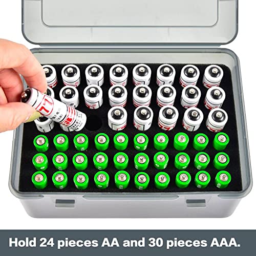 FULLCASE Battery Organizer Storage Box Fits 54 AA AAA Batteries,Grey | Clear Hard-shell,Battery Box, with 24 AA and 30 AAA Foam Slots, Secure Latch and Carry Handle for Drawers,Shelves and Travel - color: Grey