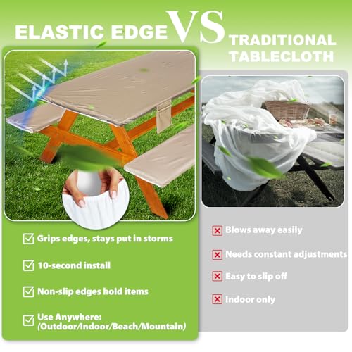 Wrakus Picnic Table Cover with Bench Covers Vinyl Elastic Edges Fitted Rectangle Seat Tables Waterproof 3-Piece96X30in Set Outdoor Rectangular Folding Backing Tablecloth for Camping Over Size - color: Khaki, size: 96in