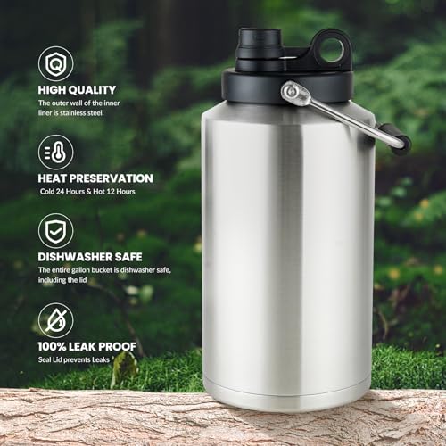 1 Gallon Water Bottle Insulated Stainless Steel Keeps Ice 48Hr, Large Water Gallon Jug Wide Mouth Leakproof Vacuum for Gym, Camping, & Construction Stainless Steels + Black - color: Stainless Steels + Black (2 Packs)