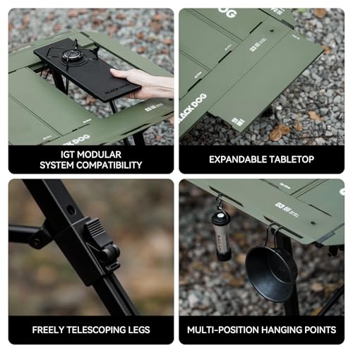 BLACKDOG IGT Camping Table, Portable Folding Camp Table for Outdoor | Adjustable Height 16"-24"，IGT Modular System Compatibility， 7 Expandable Plates, Aluminum，with Carry Bag，48.8" L x 22.8" W - color: Jungle Green