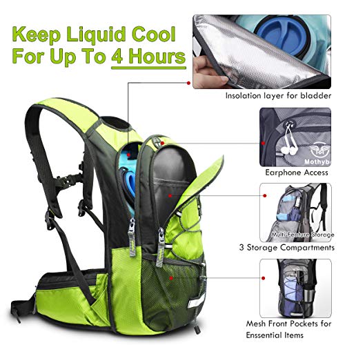 Mothybot Hydration Pack, Insulated Hydration Backpack with 2L BPA Free Water Bladder and Storage, Hiking Backpack for Men, Women, Kids for Running, Cycling, Camping - Keep Liquid Cool up to 5 Hours - color: Grass Green