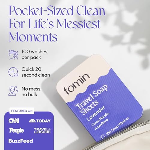 FOMIN - Paper Soap Sheets for Traveling - 300 Lavender Portable Hand Soap Sheets for Travel in Tin - Dissolvable Mini Portable Travel Soap Sheet for Hand Washing, Camping and Hiking - color: Lavender (Pack of 3)