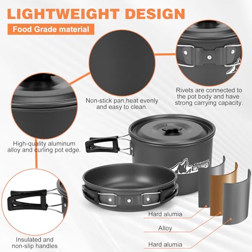 WADEO Camping Cookware Mess Kit with 7200W Camping Stove, 14PCS Non-Stick Camping Pot Pan Set with Stainless Steel Fork Knive Spoon for Camping Backpacking Hiking Outdoor Cooking and Picnic