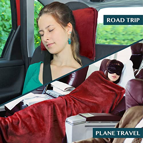 PAVILIA Travel Blanket Pillow, Soft Airplane Blanket 2-in-1 Combo Set, Plane Blanket Compact Packable, Flight Essentials Car Pillow, Travelers Gifts Accessories, Luggage Backpack Strap, 60x43 Red - color: Wine