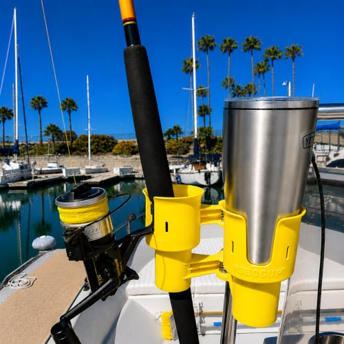 ROBOCUP, (Yellow), Patented Clamp On Boat Cup Holder |Multifunction Dual Drink Caddy for Fishing Poles, Tools, Net, Gaff |Portable Storage for Boating, Beach, Umbrellas, Golf Carts, Strollers - color: Yellow, size: Standard Spring
