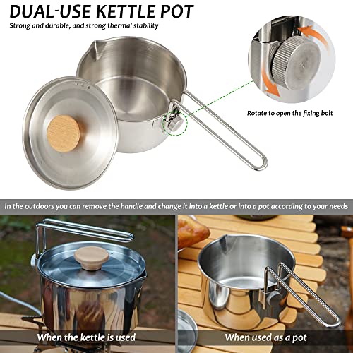 Stainless Steel Camping Pot with Lid and Removable Handle, Light Weight Outdoor Camping Kettle, Easy Clean Camp Boiling Pot, Cooking Pot for Picnic, Hiking, Backpacking, 1L/34oz