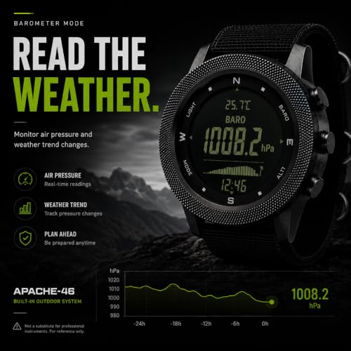 NORTH EDGE Apache 46 Men’s Outdoor Digital Watch Bundle with Extra 22mm Black Silicone Band, Altimeter Barometer Compass, Pedometer, Weather Trend, EL Backlight, 50M Water Resistant Hiking Watch