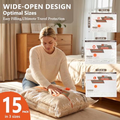 15 Pcs Vacuum Bags for Travel with Rechargeable Air Pump,Space Saver Bags - size: 15 Combo Size (Orange)