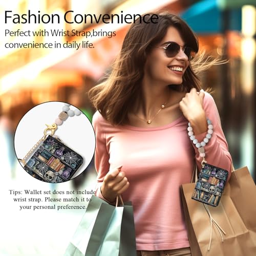 Yonlevres Credit Card Holder RFID Small Wallet Women Keychain Zipper - color: 0 Goth Bookshelf