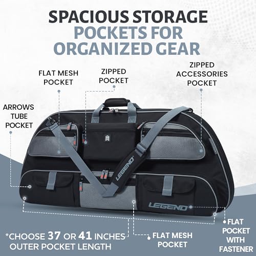 LEGEND Apollo Soft Bow Case - Compound Bow Case with Multiple Storage & Foam Padding, Lightweight Bow and Arrow Case for Archery Accessories, Bow Bag with Arrow Tube Pocket - 40" & 44" - color: Black / Grey, size: 44in Inside Length
