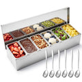 6 Compartments Stainless Steel Chilled Condiment Tray, Garnish Tray with 6 Removable Compartments, Chilled Condiment Dispenser with Lid, Fruit Serving Containers - size: 6 Compartments