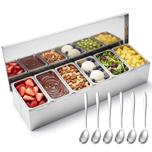 6 Compartments Stainless Steel Chilled Condiment Tray, Garnish Tray with 6 Removable Compartments, Chilled Condiment Dispenser with Lid, Fruit Serving Containers - size: 6 Compartments