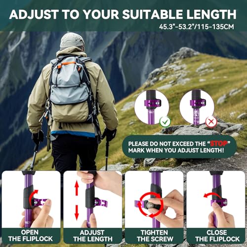 Carbon Fiber Trekking Poles, Lightweight Hiking Sticks with Cork Grip 2 Pcs - color: Purple