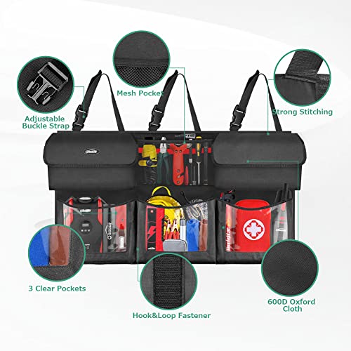 Oasser Trunk Organizer for Car, 6 Storage Compartments 43.3x19in | Clear PVC Pockets, 600D Oxford Cloth, 3 Adjustable Straps, Foldable, for SUV MPV VAN - size: Regular-43.3x19in