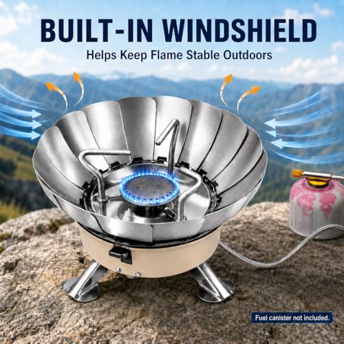 Butane Camping Stove, Portable Windproof Camping Gas Stove with Built-in Windshield, Piezo Ignition, Propane Canister Adapter, Foldable Burner for Backpacking Hiking Outdoor Cooking