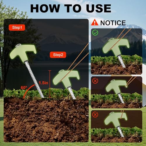 20 Pcs Tent Stakes Heavy Duty, 8 in Ground Anchors Screw in, Grow in the Dark Screw in Tent Stakes, Camping Stakes with Storage Box, Threaded Tent Spikes with Hex Head Driver and Stake Puller - color: Luminous White 20 pcs
