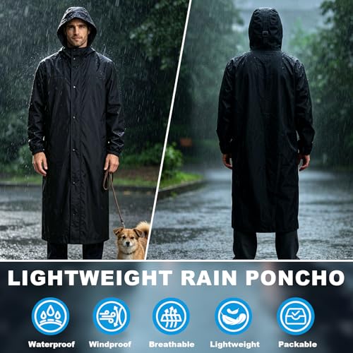 QJWBZ Men's Rain Jacket Long Raincoat: Waterproof Lightweight Hood Rain Poncho Stowable for Cycling Hiking Camping Outdoors - size: X-Large