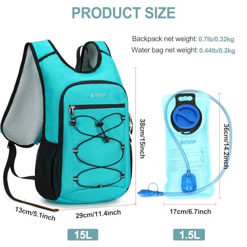 BOVIP Lightweight Hydration Back,15L Multipurpose Hiking Backpack with 1.5L Water Bladder ,Hydro Water Daypack for Cycling Hiking Rave for Men Women - size: Blue