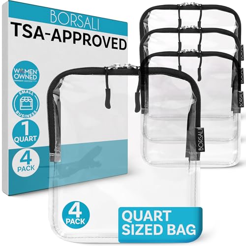 BORSALI TSA Approved Toiletry Bag - Clear Quart Size - 4 Pack - color: Black - 4 Pack