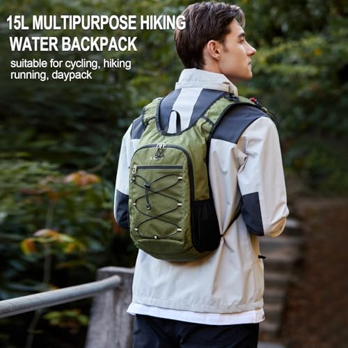 BOVIP Lightweight Hydration Back,15L Multipurpose Hiking Backpack with 1.5L Water Bladder ,Hydro Water Daypack for Cycling Hiking Rave for Men Women - size: Green