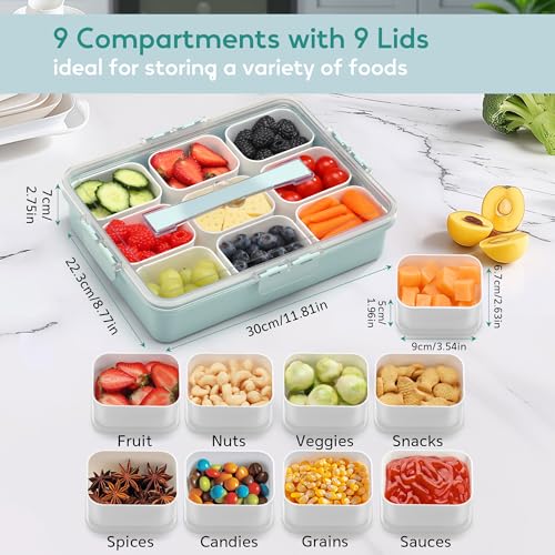 Snackle Box Container for Adults with 9 Compartment, Divided Serving Tray Snack Box Containers with Lid and Handle, Charcuterie Boxes Portable Snack Platter for Fruit Veggie Party Travel, Green - color: Green