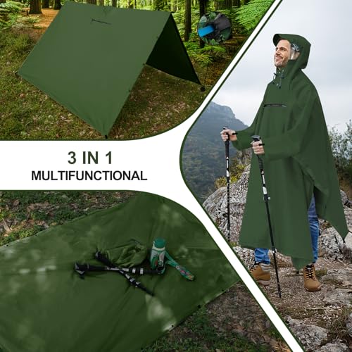 Andake Waterproof Rain Poncho for Adults Unisex,230T Ripstop Polyester,Raincoat Gear with Transparent Viewing Window Outdoors - color: Dark Green