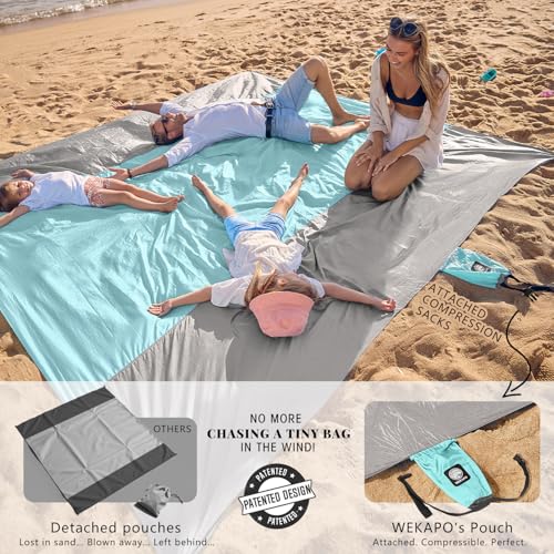 WEKAPO Beach Blanket Sandproof Waterproof, Extra Large Beach Mat, Oversized & Compact Sand Free, Quick Drying Beach Essentials for Vacation, Cruise, Picnic & Camping with Stakes - color: Grey, size: 9x7 FT (1～5 person)