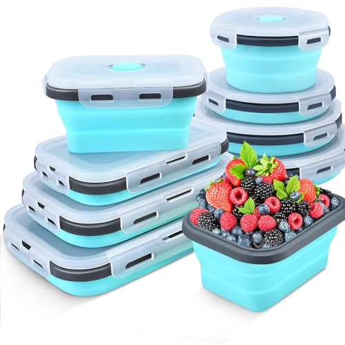 8 Pack Collapsible Food Storage Containers with Lid & Air Vent, 4 Rectangular and 4 Round Foldable Collapsible Storage Containers Sets, Lunch Bowls for Travel, Microwave Freezer Dishwasher Safe - color: Blue (4 Round Mixed oz + 4 Rectangle Mixed oz)