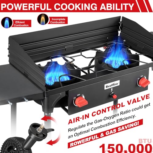 Bestfire 2 Burner Propane Stove, 150,000 BTU High Pressure Camping Burner | with Windscreen, Side Shelves, Removable Legs, CSA Certified for Outdoor BBQ Backyard Cooking - style: 2 burner with windpanel