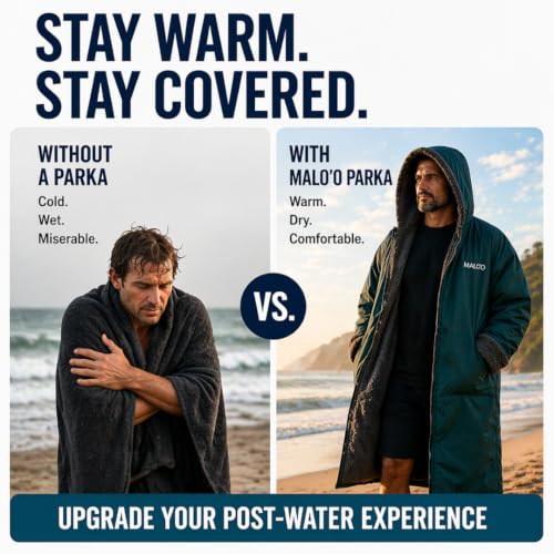Malo’o Adult Sherpa Lined Surf Parka Changing Robe, Waterproof & Windproof Swim Parka, Long Sleeve Hooded Dry Robe - color: Black, size: Large