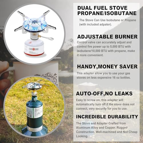 Propane Stove Portable Isobutane Camping Stove with Gas Adapter - 10,000 BTU Single Burner Backpacking Camp Stove for Hiking, Emergency, Outdoor(Include Carrying Case)
