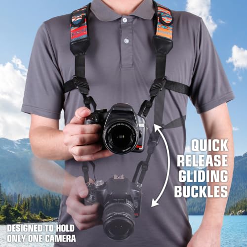 USA Gear DSLR Camera Strap Chest Harness with Quick Release Buckles, Southwest Neoprene Pattern and Accessory Pockets - Compatible with Canon, Nikon, Sony Point and Shoot and Mirrorless Cameras - color: Southwest