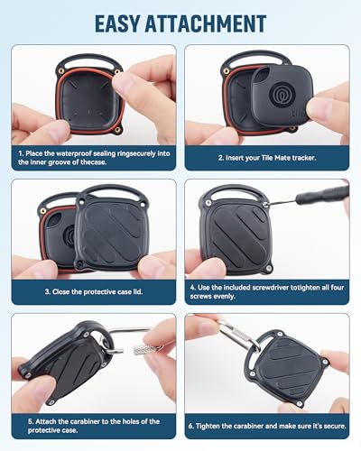 DDJ 4 Pack for Life360 Tile Mate 2024 Tracker Case, IPX8 Waterproof Protective Holder, Heavy Duty Anti-Loss Screw Lock Cover with Metal Carabiner for Keys, Luggage, Backpack & Pet Collar, Black