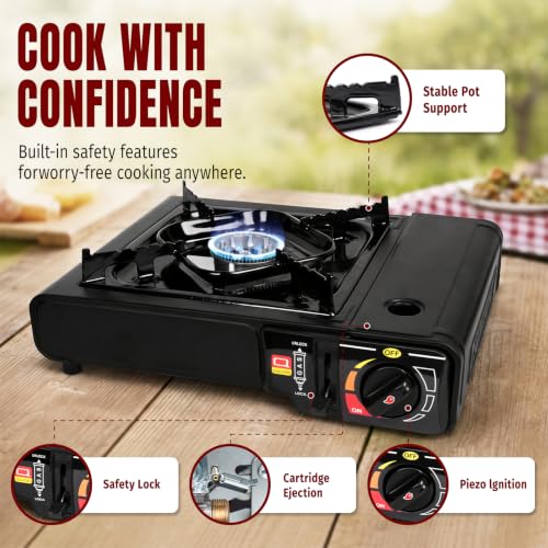 SHINESTAR 7800 BTU Dual Fuel Camping Stove, Propane Portable Gas Stove | Propane or Butane Camp Stove with Adjustable Heat Dial, Carry Case & Propane Adapter Hose,for Outdoor Cooking and Emergencies - color: Black - 7800 BTU Dual Fuel