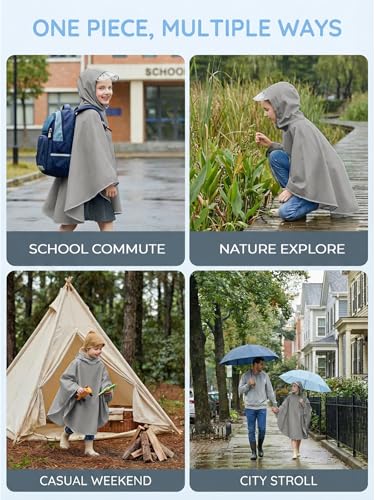 Haloumoning Kids Hooded Rain Poncho Girls Waterproof Lightweight Reusable Raincoat Jacket 4-14 Years - color: Grey, size: 4-6 Years