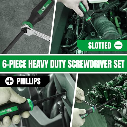 SK 6-Piece Screwdriver Set Heavy Duty, Demolition Screwdriver, S2 Steel | Magnetic Slotted/Phillips Tips, Strike-cap Design for High-impact, Hex Bolster, SureGrip Handle - size: 6PC