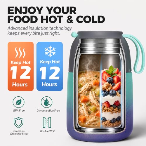 Insulated Thermo Soup Jar for Kids & Adults, 17 oz Stainless Steel Thermal Food Container with Spoon, Triple Layer Insulation (Rainbow) - color: Rainbow