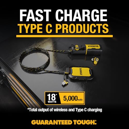 DEWALT Heavy Duty Magnetic Power Bank 5, 000mAh, Rugged, Wireless | Portable Charger 18W Fast Charging Battery Pack, USB-C to C w/USB Adapter Cable 4' Water Resistant Works w/Magsafe iPhone
