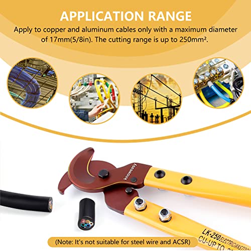 Cable Cutter,Knoweasy LK-250 Wire Rope Cutter and Heavy Duty Wire Cutter with Long Labor Saving Arms for Copper Aluminum Wire up to 250mm² - size: LK250