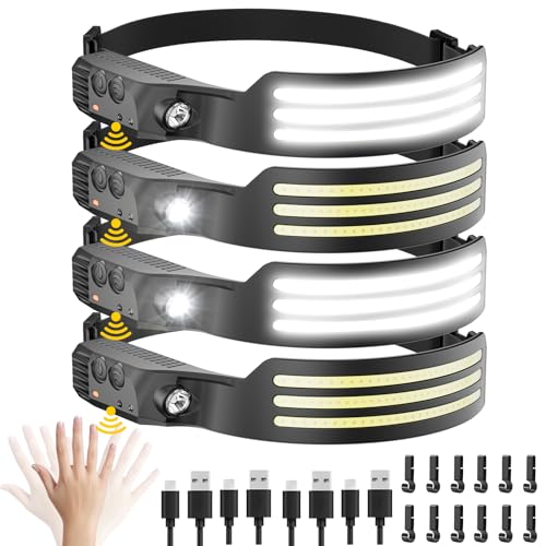 Headlamp Rechargeable 4PCS, Motion Sensor 230° COB Head Lamp, Headlights for Forehead, Hard hat Light for Adults, LED Headband Flashlight for Work, Hiking, Running, Camping Essentials Gear - size: 4 Pack - New Upgrade III Tri-Led Strip
