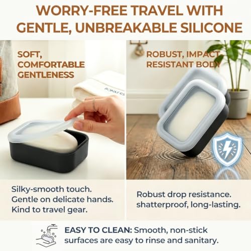 AIMAIAIMAI Enhanced Leak Proof Travel Soap Case, Compact Silicone Travel Soap Dish with Drainage Pad, Great for Gym, Camping, Bussines Trip (Black) - color: Black