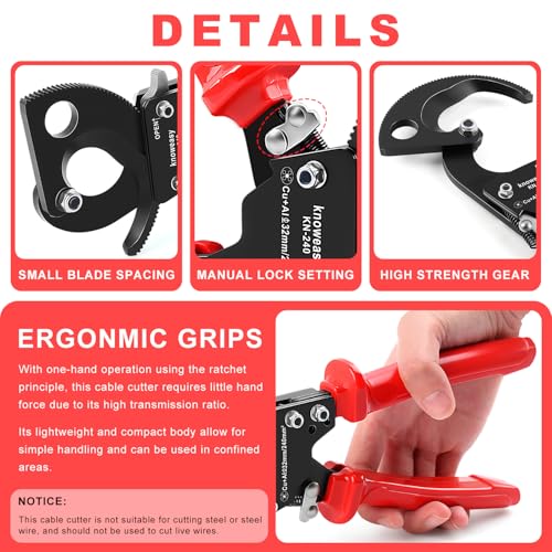 Knoweasy KN-240 Upgraded Cable Cutter and Ratchet Wire Cutter Works for Aluminum and Multi-core Cables up to 240mm - size: KN240