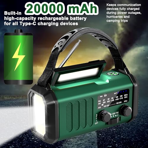 NOAA Weather Radio 20000mAh Emergency Hand Crank Solar Radio AM/FM - color: Army Green 20000mAh