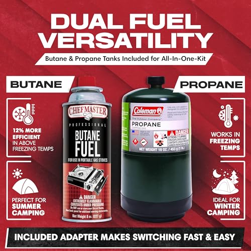 Grill Boss Dual Fuel Camp Stove w/ 4x 8oz Butane Canisters - 12,000 BTU Butane & Propane Portable Stove for Camping, Emergencies, BBQ, Hiking & Backpacking - Double Wind Guard, Piezo Ignition - 90057 | Single Burner Gas Cooker, Propane Adapter Included, W