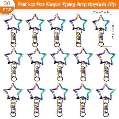 30pcs Star Shaped Spring Snap Keychain Clip,Metal Swivel Clasp Snap Hook Key Ring with Chain Hanging Buckle with Open Jump Ring Connector for DIY Crafts Key Ring Making,Bag Accessories(Rainbow) - color: Rainbow