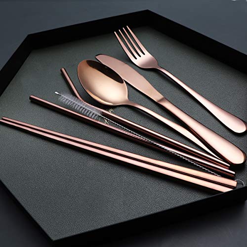 Portable Stainless Steel Flatware Set, Travel Camping Cutlery Set, Portable Utensil Travel Silverware Dinnerware Set with a Waterproof Case (Rose God) - color: Rose Gold