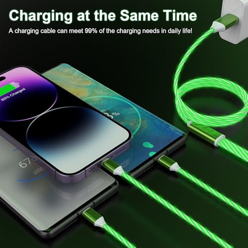 3-in-1 Light Up LED Flowing Lightning/Type C/Micro USB Car Glowing Charge Cable for iPhone,Green Multi RGB Car Charger Cord for Apple iPhone 15/14/13/12/11 Pro Max/XR/XS/SE,iPad/Android/Samsung-4FT - color: Green